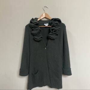 Soft Surroundings Alpaca Wool Blend Green Ruffle 1 Button Duster Cardigan Small